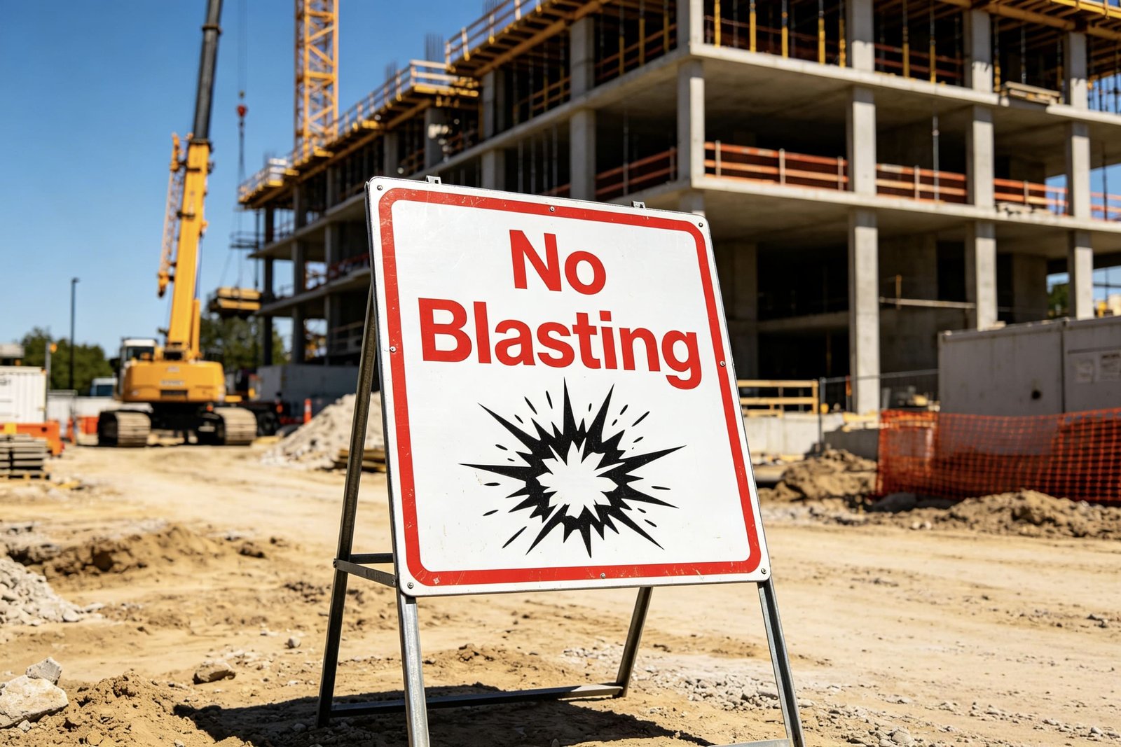 A 'No Blasting' sign at a construction site