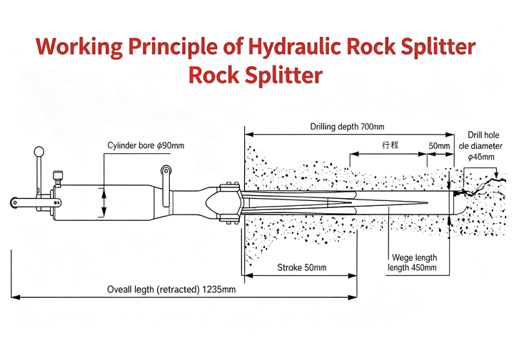 Hydraulic Rock Splitter Mechanism A close-up view of a hydraulic rock splitter wedge set being inserted into a pre-drilled borehole to split a rock.