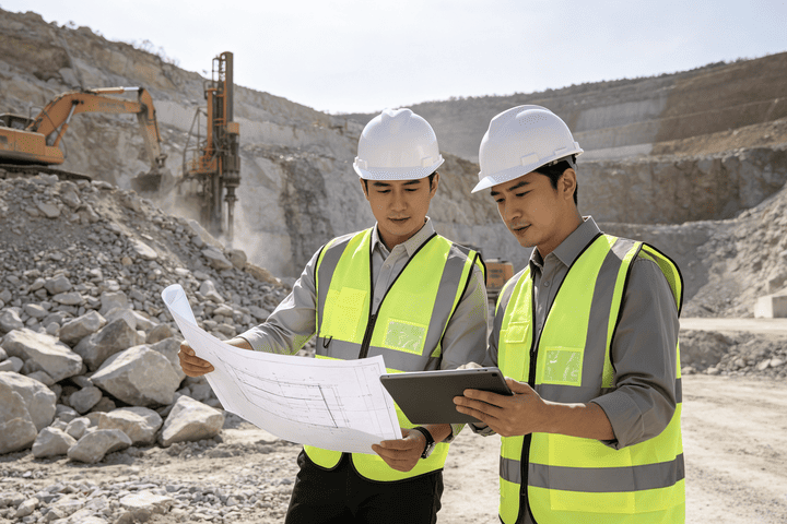 Planning for Rock Excavation An engineering contractor reviewing project plans for a large-scale rock excavation site.